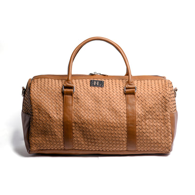 Camel Tan Braided Leather Duffle Bag
