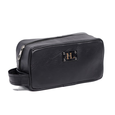 Black Finished Leather Toiletry Bag For Men & Women