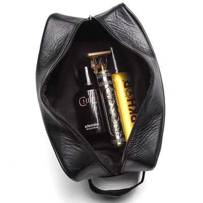 Black Finished Leather Toiletry Bag For Men & Women